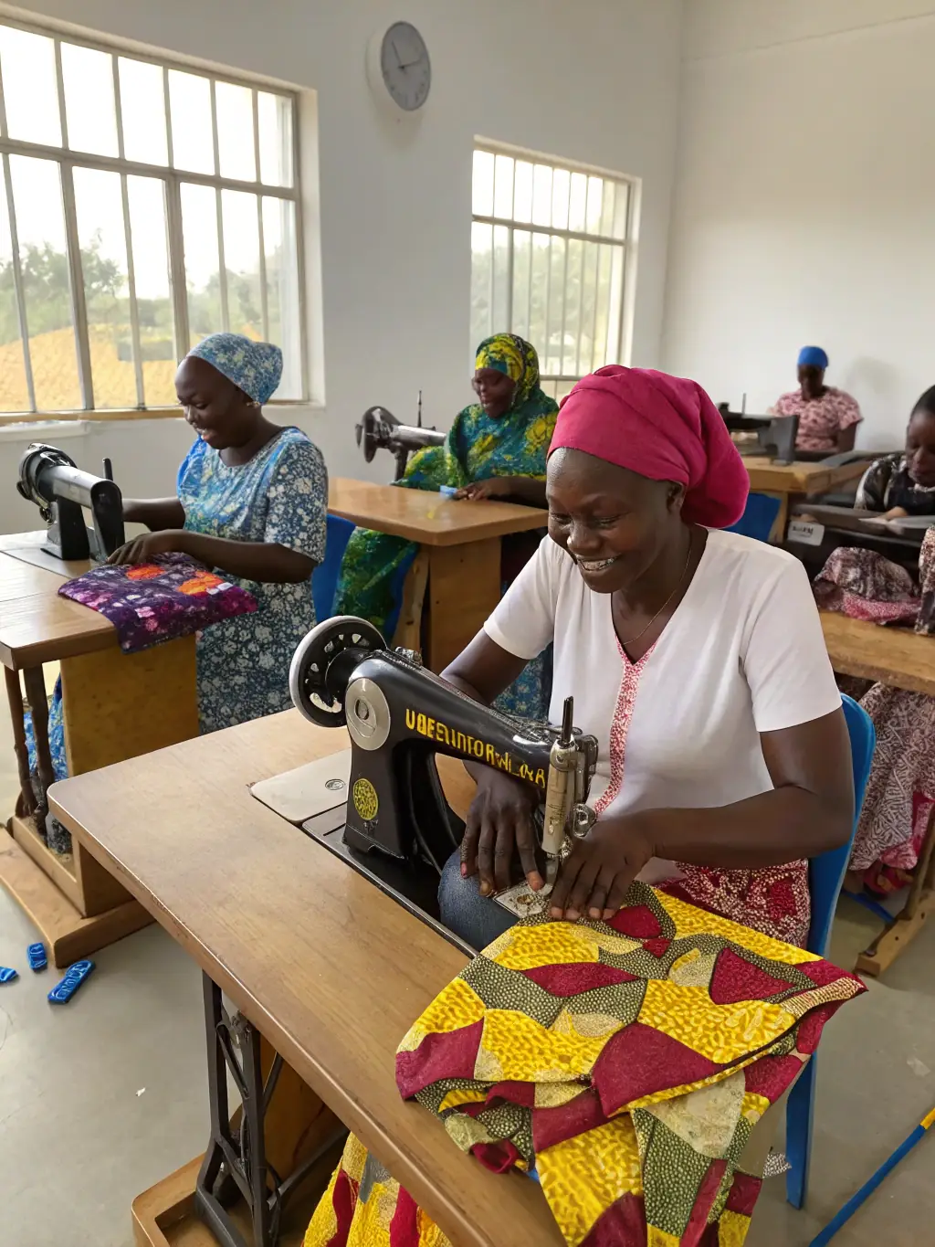 A group of women participating in a vocational training session, learning sewing skills with sewing machines in a well-equipped classroom, representing Rescue Homeless Mums' vocational training program.